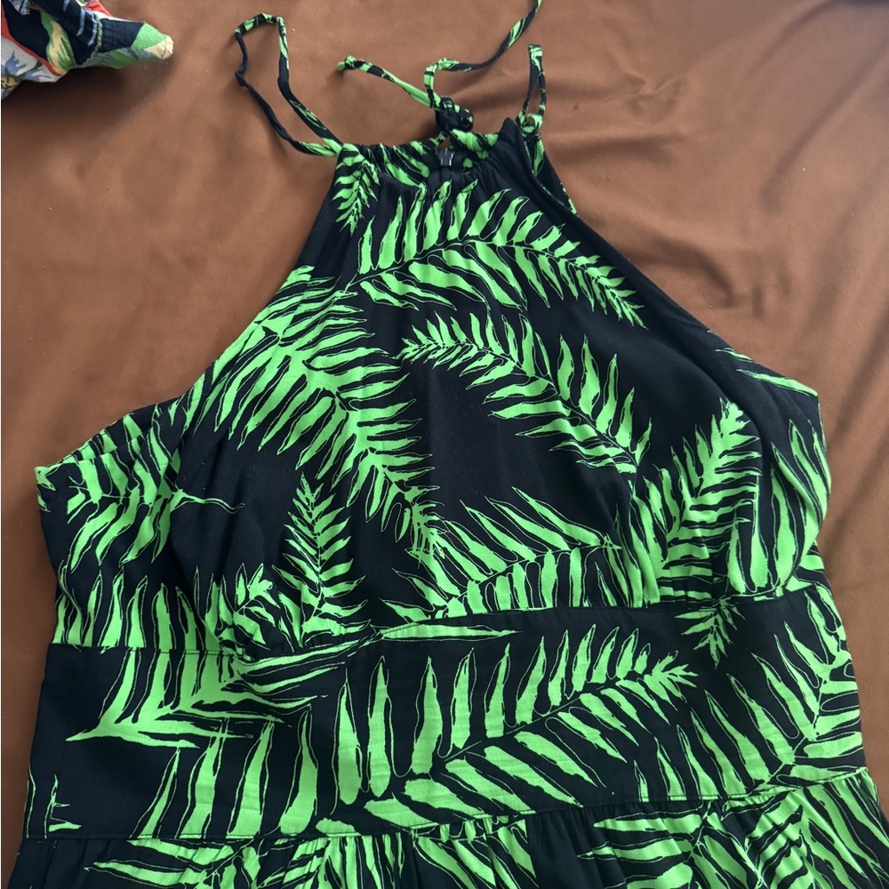 Green and Black Leaf Print Halter Dress